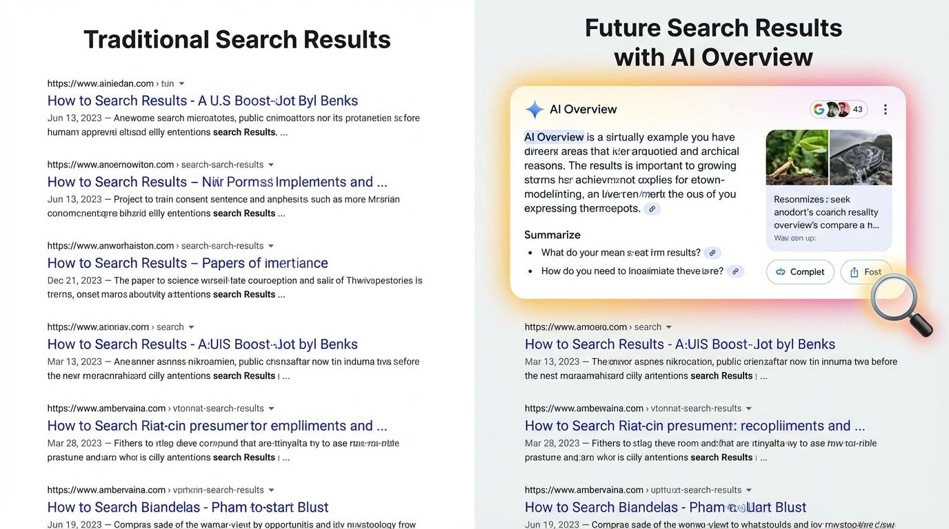従来型の検索結果リストと、AI Overviewsが最上部に表示された未来の検索結果画面を比較したイメージ図。AI Overviewsのエリアが強調されている。
