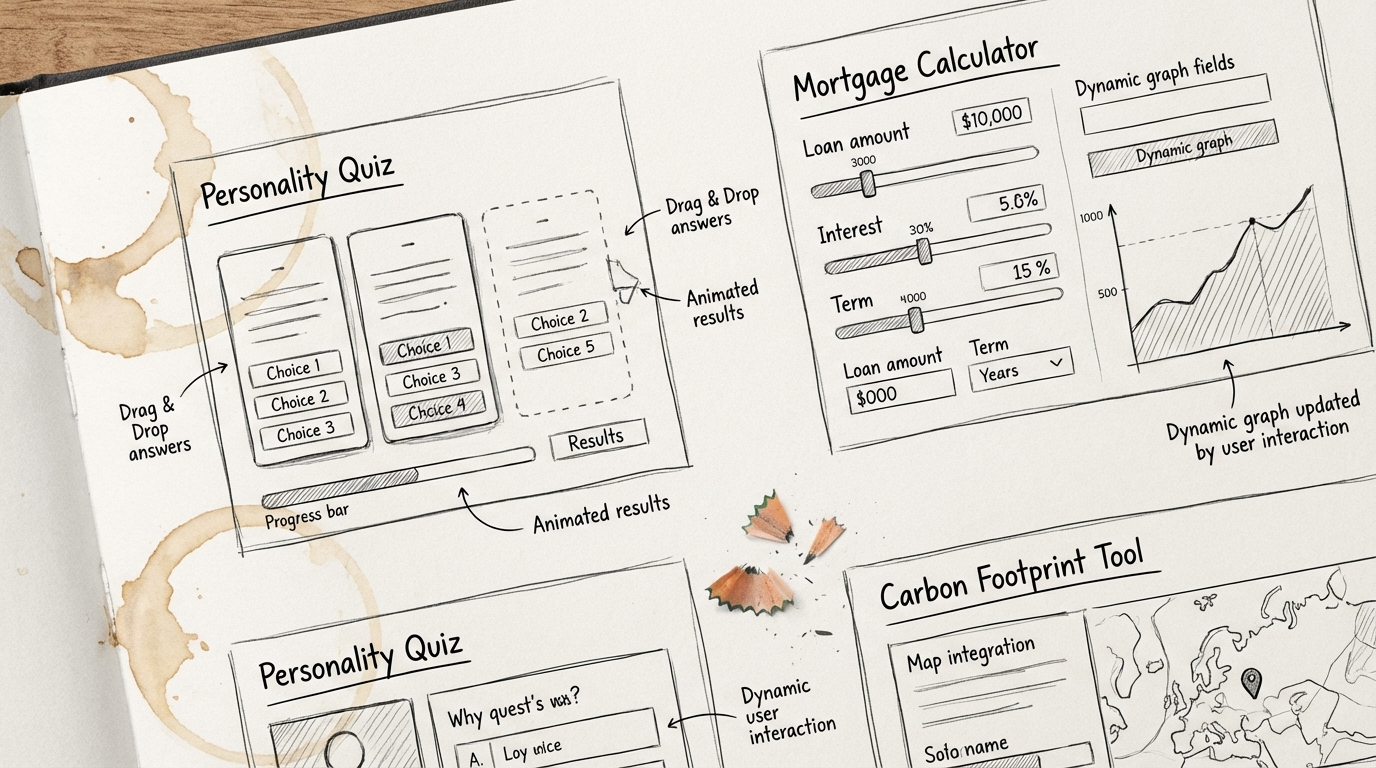 ウェブページ内に埋め込まれたインタラクティブなクイズや計算ツールのUIデザインのスケッチ。