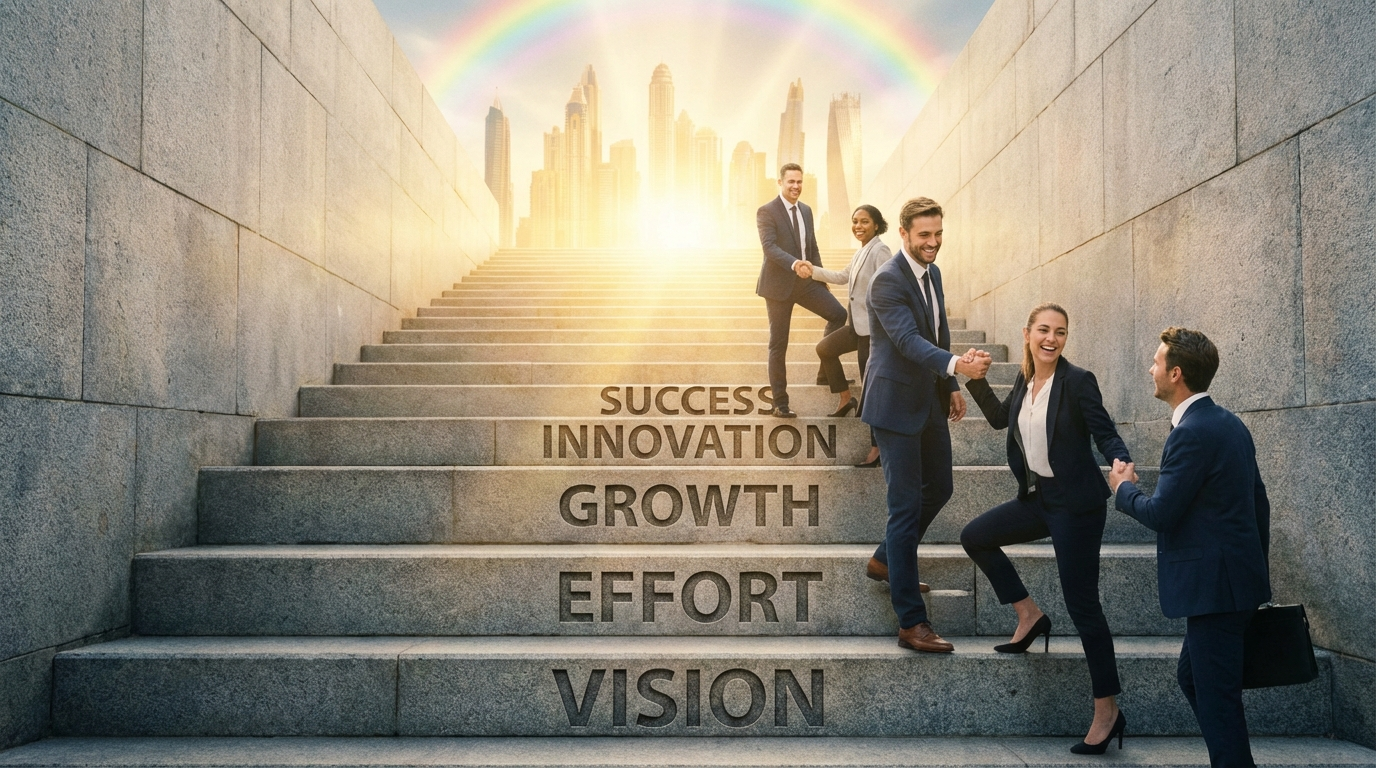 明るい未来へ向かう階段を一段ずつ登っていくビジネスパーソンのイメージ。ステップ・バイ・ステップで成功へ向かう様子を表現。