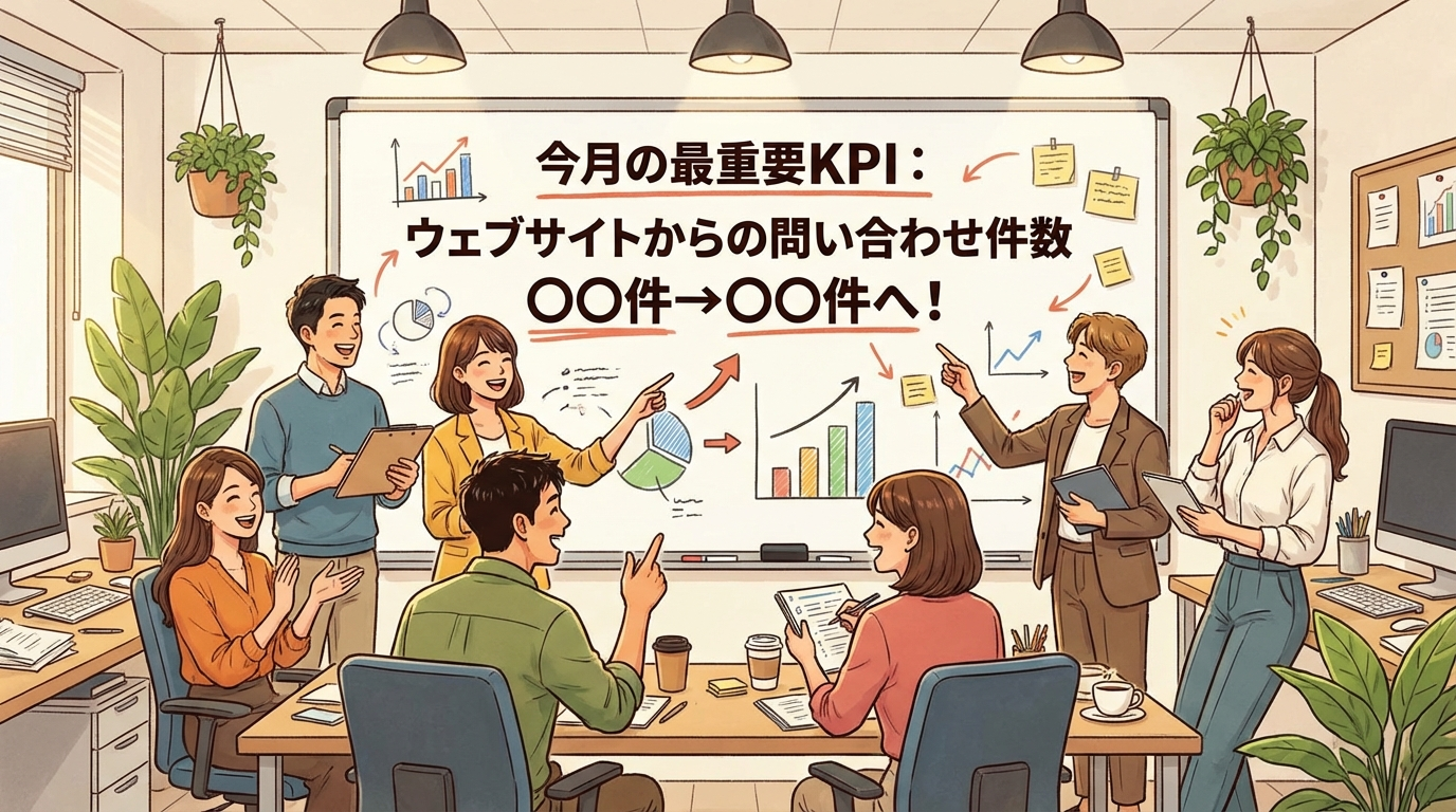 ホワイトボードに大きく「今月の最重要KPI：ウェブサイトからの問い合わせ件数 〇〇件→〇〇件へ！」と書かれ、その周りにチームメンバーが活発に議論している様子のイラスト。