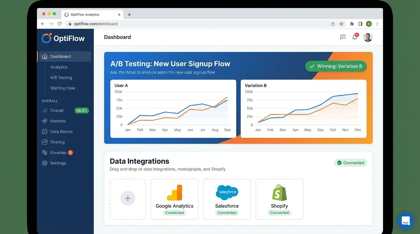 当社サービスのダッシュボード画面のスクリーンショット。特にA/Bテスト機能やデータ連携のシンプルさが分かる部分をハイライトしている。