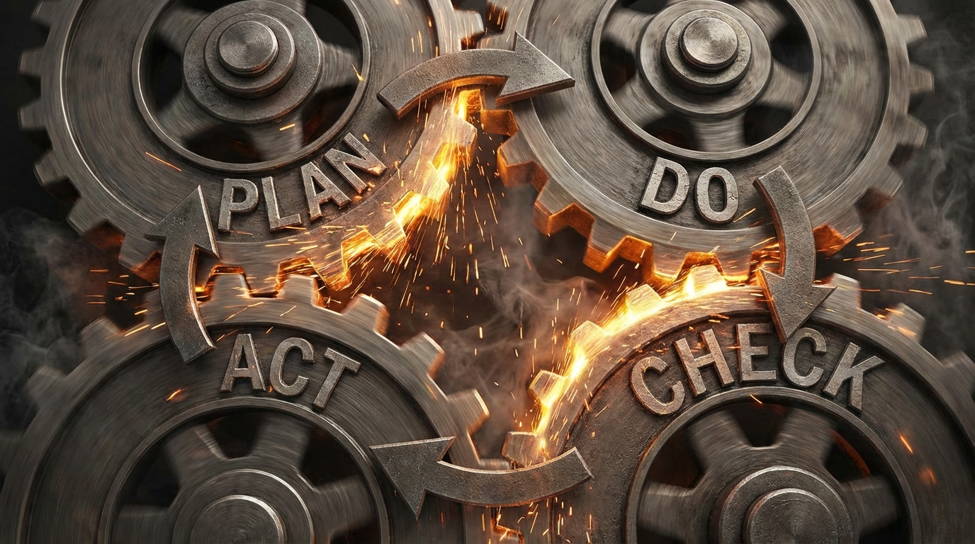 Plan→Do→Check→Actの4つの要素が矢印で繋がった、力強く回転している歯車のイラスト。
