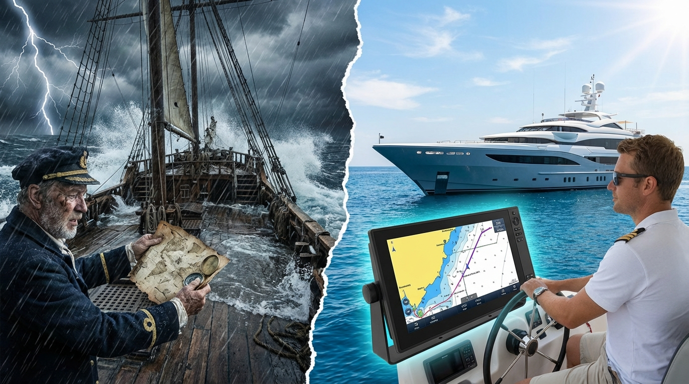 嵐の海で古い地図と勘だけで進む帆船と、穏やかな海で最新のGPS航海計器を見ながらスムーズに進む近代的な船を対比させたイメージ。