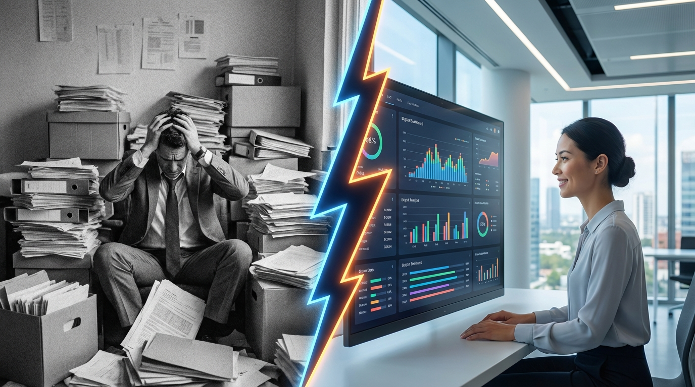 左側には書類の山に埋もれて頭を抱える人（モノクロ）。右側には洗練されたオフィスのダッシュボードを見て微笑む人（カラー）。この2つの未来を明確に分ける分割線が入っている。