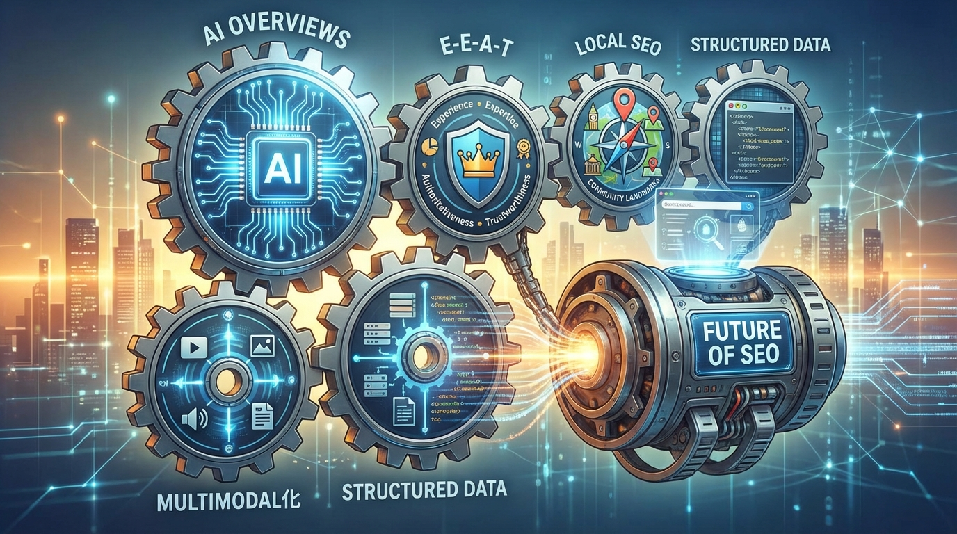 5つのトレンド（AI Overviews、E-E-A-T、ローカルSEO、構造化データ、マルチモーダル化）が歯車のように噛み合って未来のSEOを動かしている様子のインフォグラフィック。