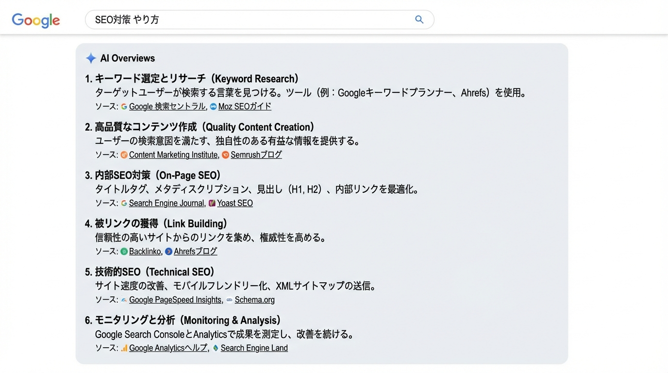 ユーザーが「SEO対策 やり方」と検索し、AI Overviewsがステップ形式で具体的な手法を要約して提示している検索結果画面のモックアップ。引用元サイトへのリンクが複数表示されている。