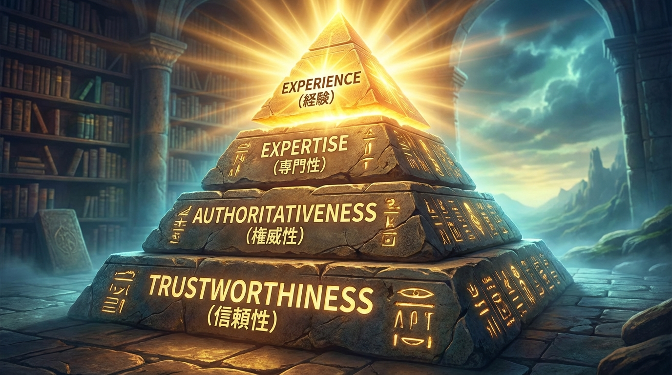 E-E-A-Tの4つの要素（Experience, Expertise, Authoritativeness, Trustworthiness）がピラミッド状に積み重なり、「信頼性」が土台となっているイラスト。特に「経験」のブロックが光っている。