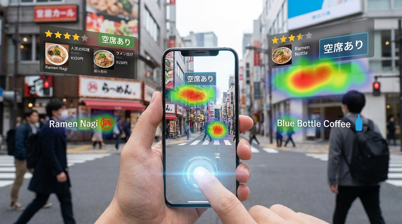 スマートフォンを構えると、カメラ越しの風景にARで店舗情報（評価、メニュー、混雑状況など）が浮かび上がっている未来のローカル検索のイメージ。