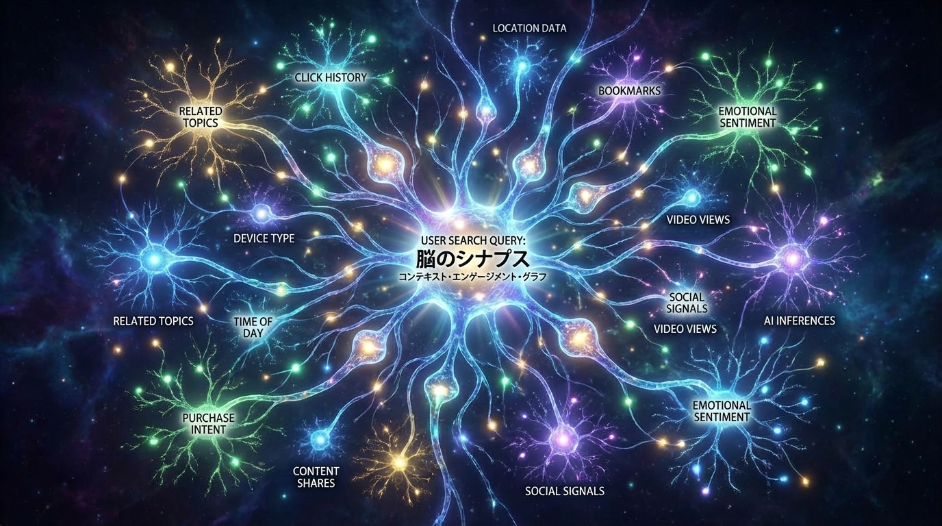 脳のシナプスのように情報ノードが相互に繋がっていく「コンテキスト・エンゲージメント・グラフ」の抽象的な概念図。中心にユーザーの検索クエリがあり、そこから関連情報や行動シグナルが枝分かれして繋がっているイメージ。