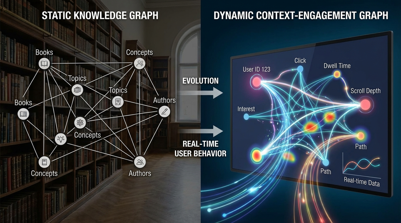 左側に従来の静的なナレッジグラフ、右側にユーザーの行動データ（クリック、滞在時間、スクロールなど）がリアルタイムで反映されていく動的な「コンテキスト・エンゲージメント・グラフ」の比較図。