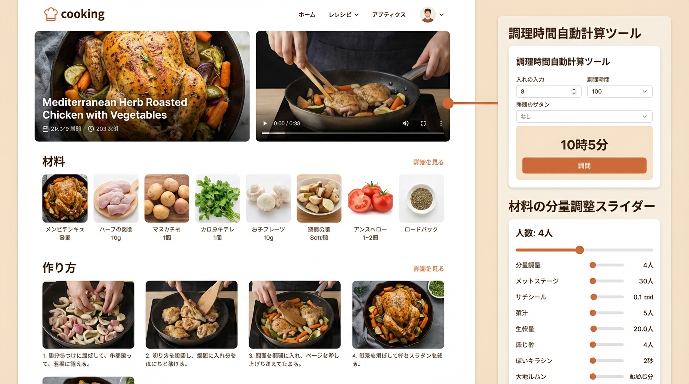 料理レシピサイトのスクリーンショット風のイメージ。上部に完成品の美しい写真と動画、中央に材料リストと手順、そしてその横に「調理時間自動計算ツール」や「材料の分量調整スライダー」などのインタラクティブな要素が配置されている。