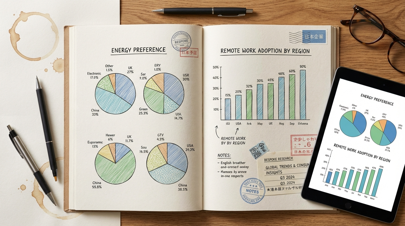 円グラフや棒グラフが示された、独自の調査レポートのイメージ。